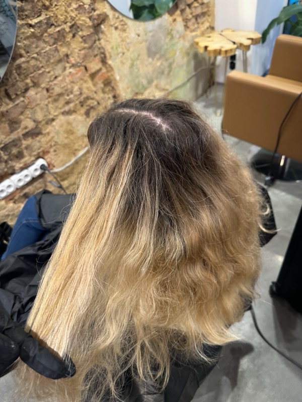 Korekta koloru — zniszczony blond z ciemnymi odrostami, przed metamorfozą